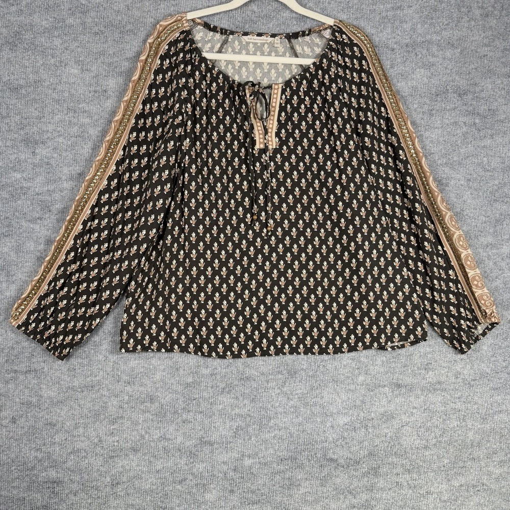 Soft Surroundings Size-XL Blouse Top Black‎ Floral Print Beaded Boho